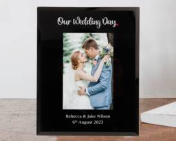 Wedding Gift, Personalised Mr & Mrs Photo Frame, Our Day Keepsake Newly Married Couple Black Or Clear Glass 6x4 Or7x5 - thumbnail 1