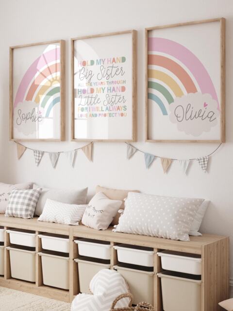 Set Of 3 Sister Bedroom Prints, Wall Art, Girls Decor, Rainbow Pastel Colours, Decor - image 1