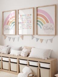 Set Of 3 Sister Bedroom Prints, Wall Art, Girls Decor, Rainbow Pastel Colours, Decor - thumbnail 1