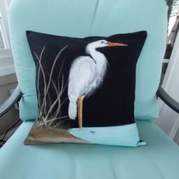 Decorative Pillow Cover, Great White Egret On Black Cotton Duck, Handmade & Hand Painted, Most Popular Beach Bird Of The South - thumbnail 3