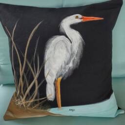Decorative Pillow Cover, Great White Egret On Black Cotton Duck, Handmade & Hand Painted, Most Popular Beach Bird Of The South - thumbnail 2