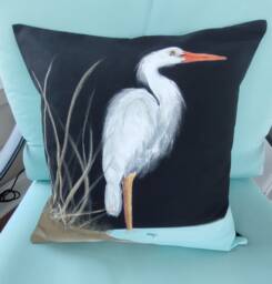 Decorative Pillow Cover, Great White Egret On Black Cotton Duck, Handmade & Hand Painted, Most Popular Beach Bird Of The South - thumbnail 1