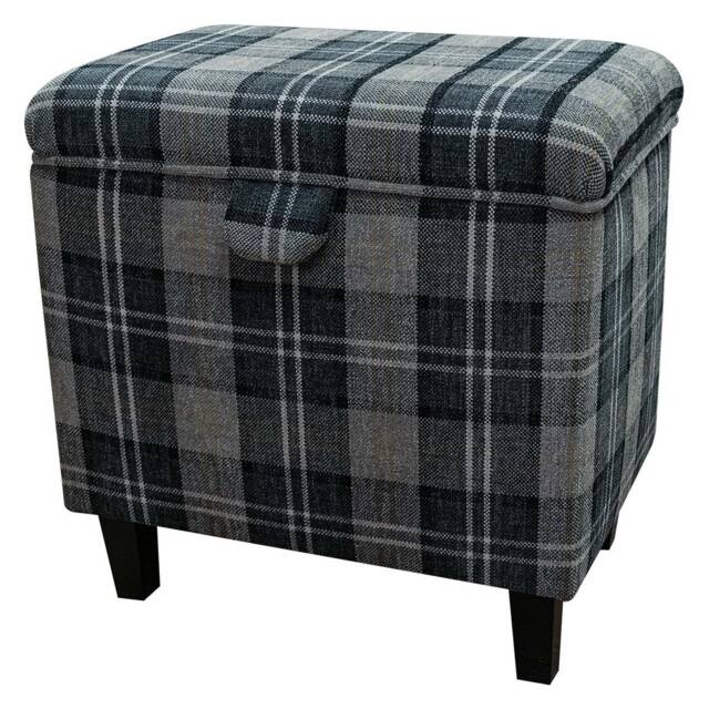 Luxe Tall Grey Tartan Storage Ottoman - Upholstered Footstool Handmade in Britain - image 1