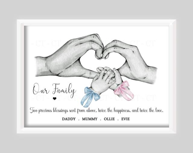 Personalised Family Twins Print Gift - New Baby Birth Hands Unframed - image 1