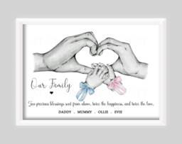 Personalised Family Twins Print Gift - New Baby Birth Hands Unframed - thumbnail 1