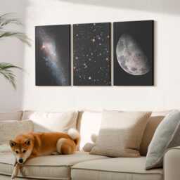 Set Of 3 Canvas Prints - Space Galaxy Stars & Full Moon, Black Wall Art Large, Astrology Decor - thumbnail 3