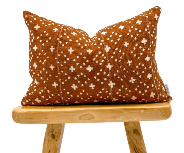 Authentic African Pillow, Handwoven Mudcloth Pillow Cover, Rust Brown With White Design Lumbar 14x20, Farmhouse Pillow - image 1
