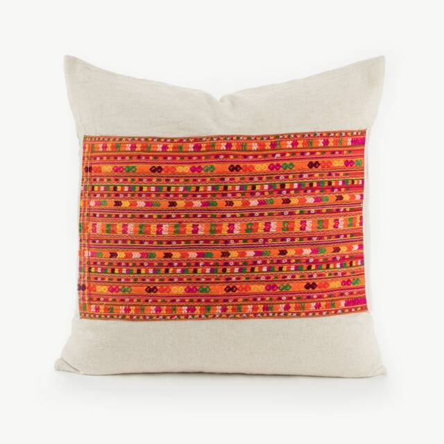 Hmong Embroidered Pillow Hill Tribe Textile, Orange Floral Cushion - image 1