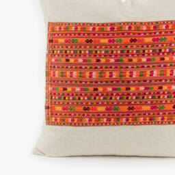 Hmong Embroidered Pillow Hill Tribe Textile, Orange Floral Cushion - thumbnail 2