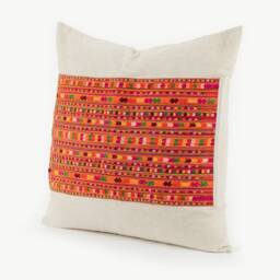 Hmong Embroidered Pillow Hill Tribe Textile, Orange Floral Cushion - thumbnail 3