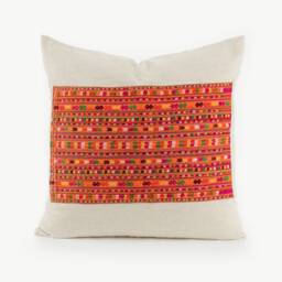 Hmong Embroidered Pillow Hill Tribe Textile, Orange Floral Cushion - thumbnail 1