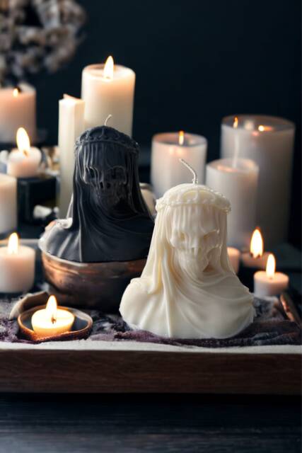 Large Black Scented Skeleton Veiled Candle, Gothic Candle Gift, Halloween Candle, Skull Pillar Candle, Human Skull Candle, Gothic Christmas Gift - image 1
