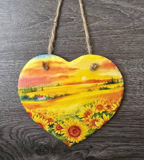 Sunflower Field Slate Heart Plaque Handmade Wall Decor - 15cm - image 1