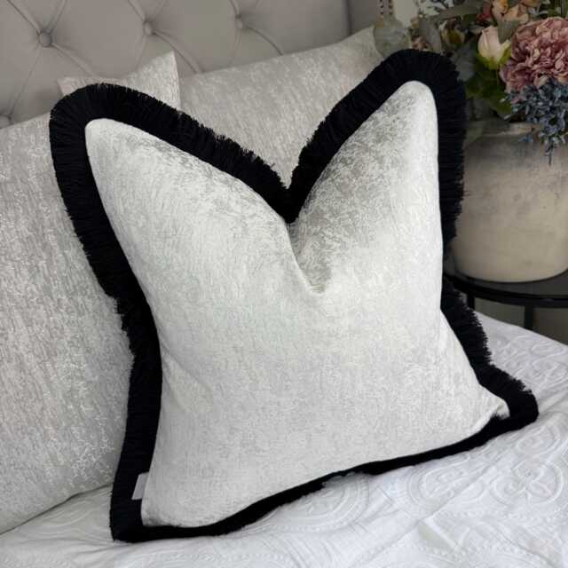 White Textured Cushion Cover With Silver Shimmer/Black Fringe Luxury Sofa Decor Handmade in UK All Sizes Available - Diana - image 1