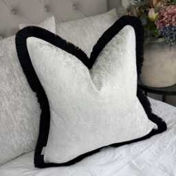 White Textured Cushion Cover With Silver Shimmer/Black Fringe Luxury Sofa Decor Handmade in UK All Sizes Available - Diana - thumbnail 1