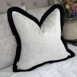 White Textured Cushion Cover With Silver Shimmer/Black Fringe Luxury Sofa Decor Handmade in UK All Sizes Available - Diana - thumbnail 4