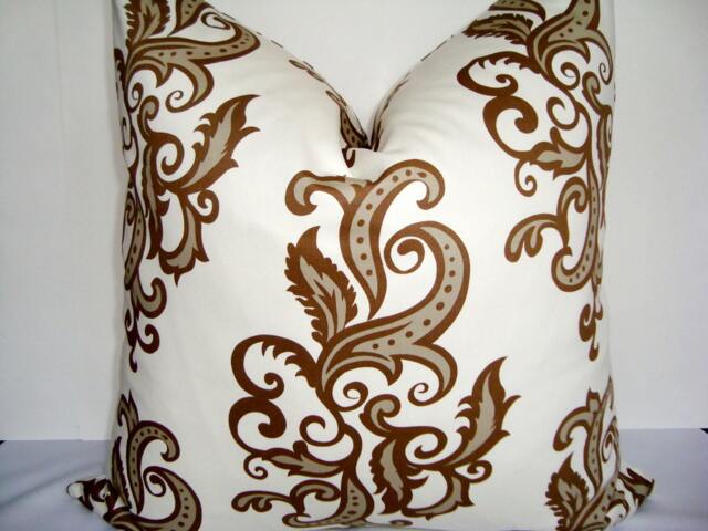 Damask Throw Pillow Cover, Cream & Brown Swirls, 19 - image 1