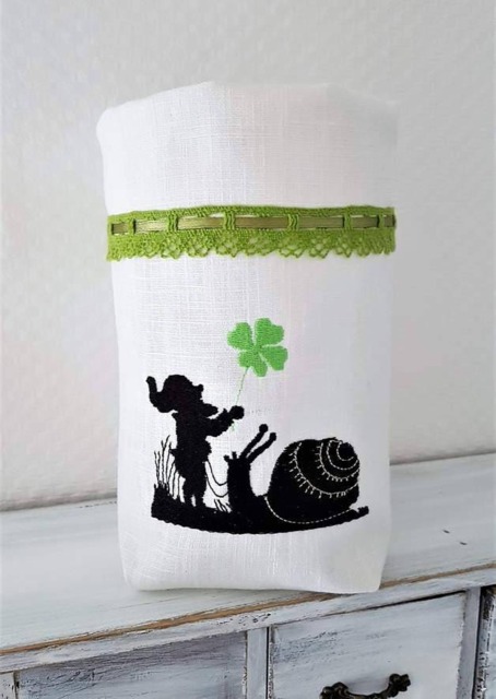 Good Luck Gift Bag Utensil Light Dwarf With Snail & Lucky Clover Embroidered Lace - image 1