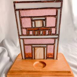 Stained Glass Candle Holder, Puerto Rico House Replica Mounted in Wood With Streets Burned Names - thumbnail 4