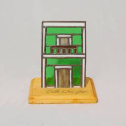 Stained Glass Candle Holder, Puerto Rico House Replica Mounted in Wood With Streets Burned Names - thumbnail 2