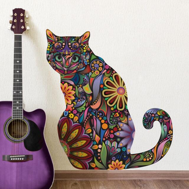Sitting Cat Wall Sticker - Repositionable Floral Decal - image 1