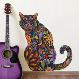 Sitting Cat Wall Sticker - Repositionable Floral Decal - thumbnail 1