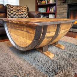 Rustic Whiskey Barrel Coffee Table - Reclaimed Wood Industrial Farmhouse - thumbnail 3