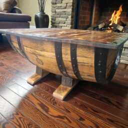 Rustic Whiskey Barrel Coffee Table - Reclaimed Wood Industrial Farmhouse - thumbnail 4
