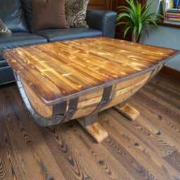 Rustic Whiskey Barrel Coffee Table - Reclaimed Wood Industrial Farmhouse - thumbnail 2