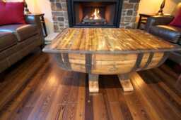 Rustic Whiskey Barrel Coffee Table - Reclaimed Wood Industrial Farmhouse - thumbnail 1