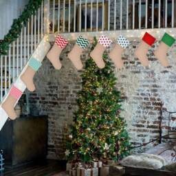 Custom Monogrammed Christmas Stocking Jute Tan Burlap Stockings Green Red Plaid Polka Dot Chevron Holiday Hanging - thumbnail 3