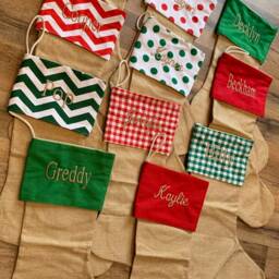 Custom Monogrammed Christmas Stocking Jute Tan Burlap Stockings Green Red Plaid Polka Dot Chevron Holiday Hanging - thumbnail 2