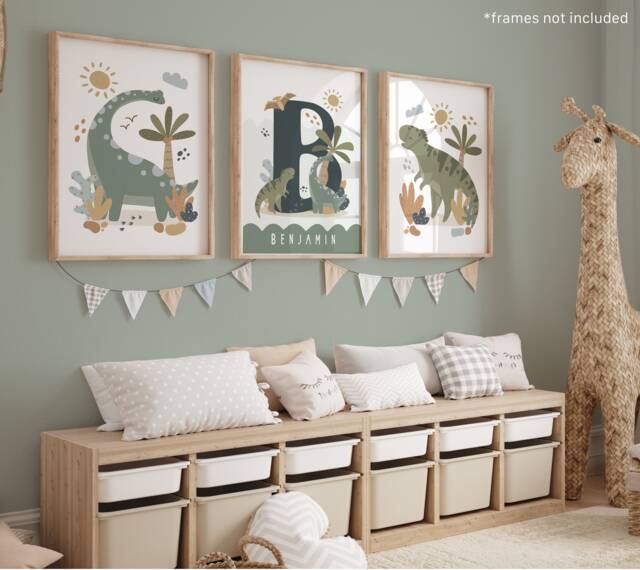 Set Of 3 Personalised Dinosaur Prints, Print, Bedroom Decor, Playroom Scandi Kids Art - image 1