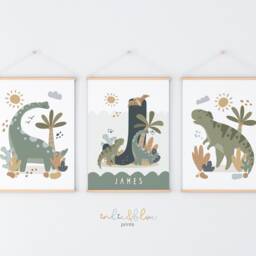 Set Of 3 Personalised Dinosaur Prints, Print, Bedroom Decor, Playroom Scandi Kids Art - thumbnail 3