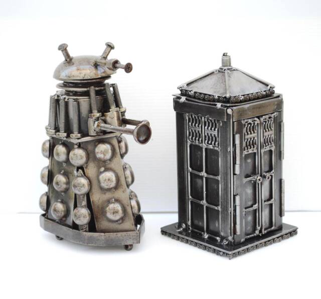 Metal Police Box & Robot Scrap Sculpture, Handmade Recycled Steel Art, One-Of-A-Kind Valentine Gift - image 1