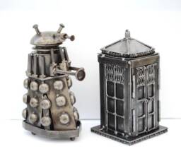 Metal Police Box & Robot Scrap Sculpture, Handmade Recycled Steel Art, One-Of-A-Kind Valentine Gift