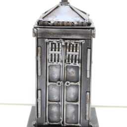 Metal Police Box & Robot Scrap Sculpture, Handmade Recycled Steel Art, One-Of-A-Kind Valentine Gift - thumbnail 4