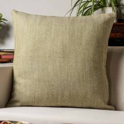 Faux Wool Linen Blend Herringbone Extra-Large Cushion in Olive Green. Traditional Linen-Mix Effect Fabric. 23X23 - thumbnail 1
