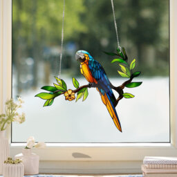 Blue Parrot Acrylic Window Hanging Faux Stained Glass Wall Art