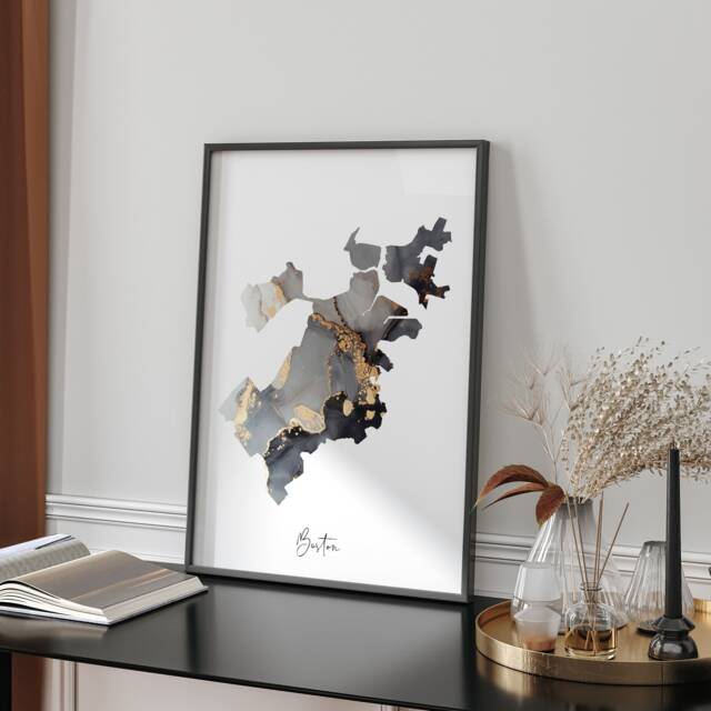 Boston Map Black & Gold Wall Art Print - Massachusetts Usa United States Of America [Ev] - image 1