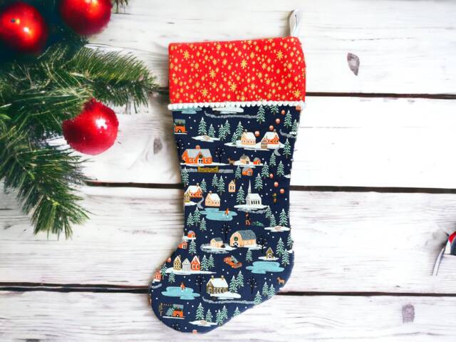 Rifle Paper Co Holiday Classics Ii - Village Navy Fabric Christmas Stocking - image 1