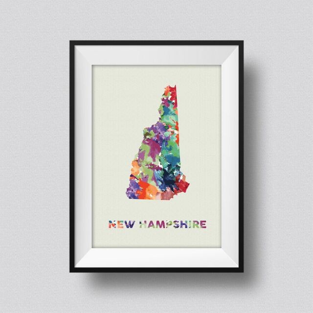 New Hampshire Map Usa Watercolor Art Print Ink Splash Poster Canvas