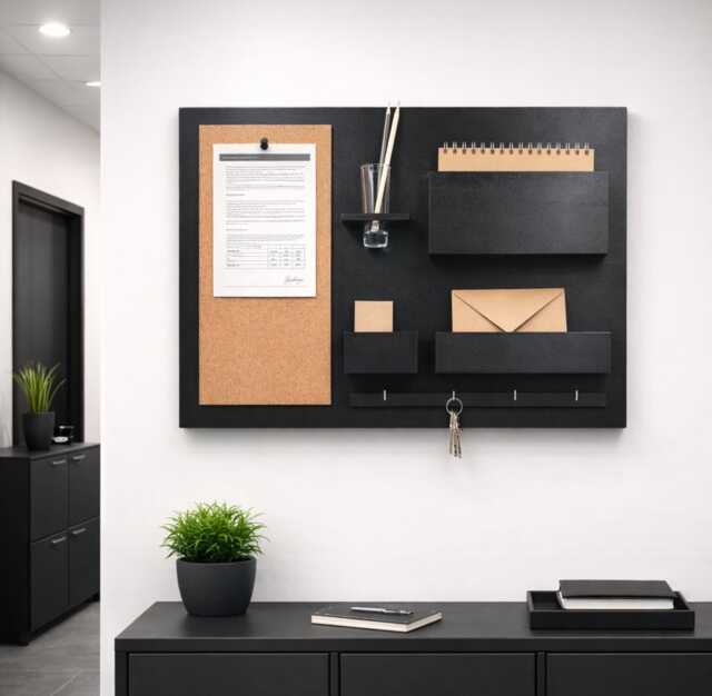 Wall Organizer With Cork Board - Black Entryway Mail Holder, Key Rack - image 1