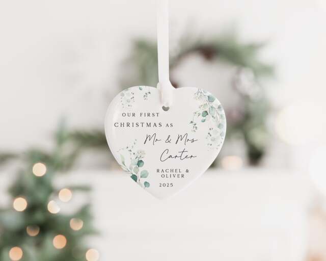 First Christmas Married Bauble - Ceramic Tree Decoration Gift Ornament Personalised As Mr & Mrs Keepsake - image 1