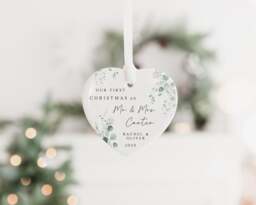 First Christmas Married Bauble - Ceramic Tree Decoration Gift Ornament Personalised As Mr & Mrs Keepsake - thumbnail 1