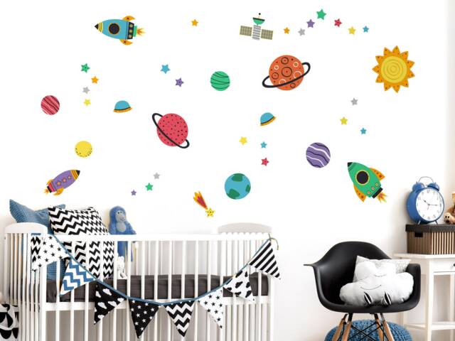 Colourful Space Wall Sticker Pack, Stickers, Rocket Stickers For Walls, Themed Room, Decor - image 1