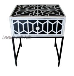Inlay Bedside Table Black & White Geometric Design, Modern Nightstand - thumbnail 1