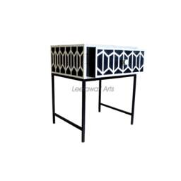 Inlay Bedside Table Black & White Geometric Design, Modern Nightstand - thumbnail 3
