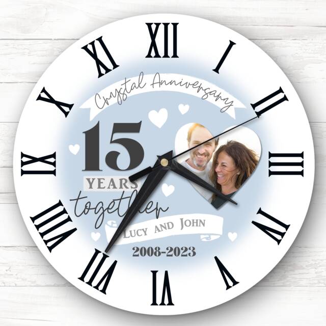 15Th Wedding Anniversary Crystal Photo Personalised Gift Clock - image 1
