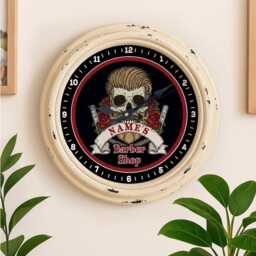 Personalised Barber Shop Wall Clock Custom Name Glass Gothic Style Skull & Crossbones Mens Barbers Birthday New Business Gift Ekrc87 - thumbnail 1